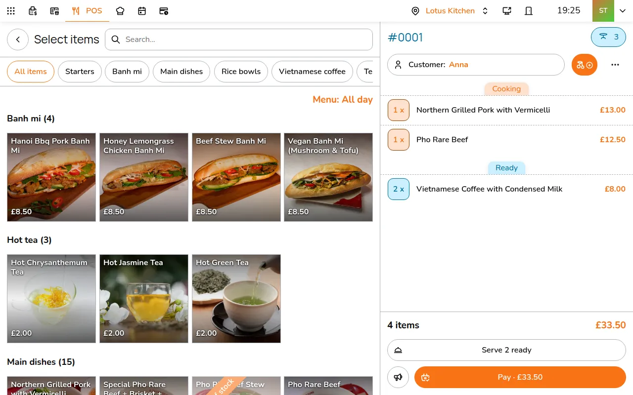 Tap a dish on the menu. The groups along the top and the search box help you find it. On a phone, the button next to the search box lists the groups