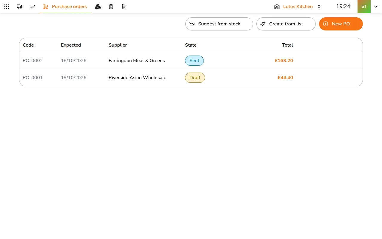 When the delivery comes, open the order and tap Create goods receipt