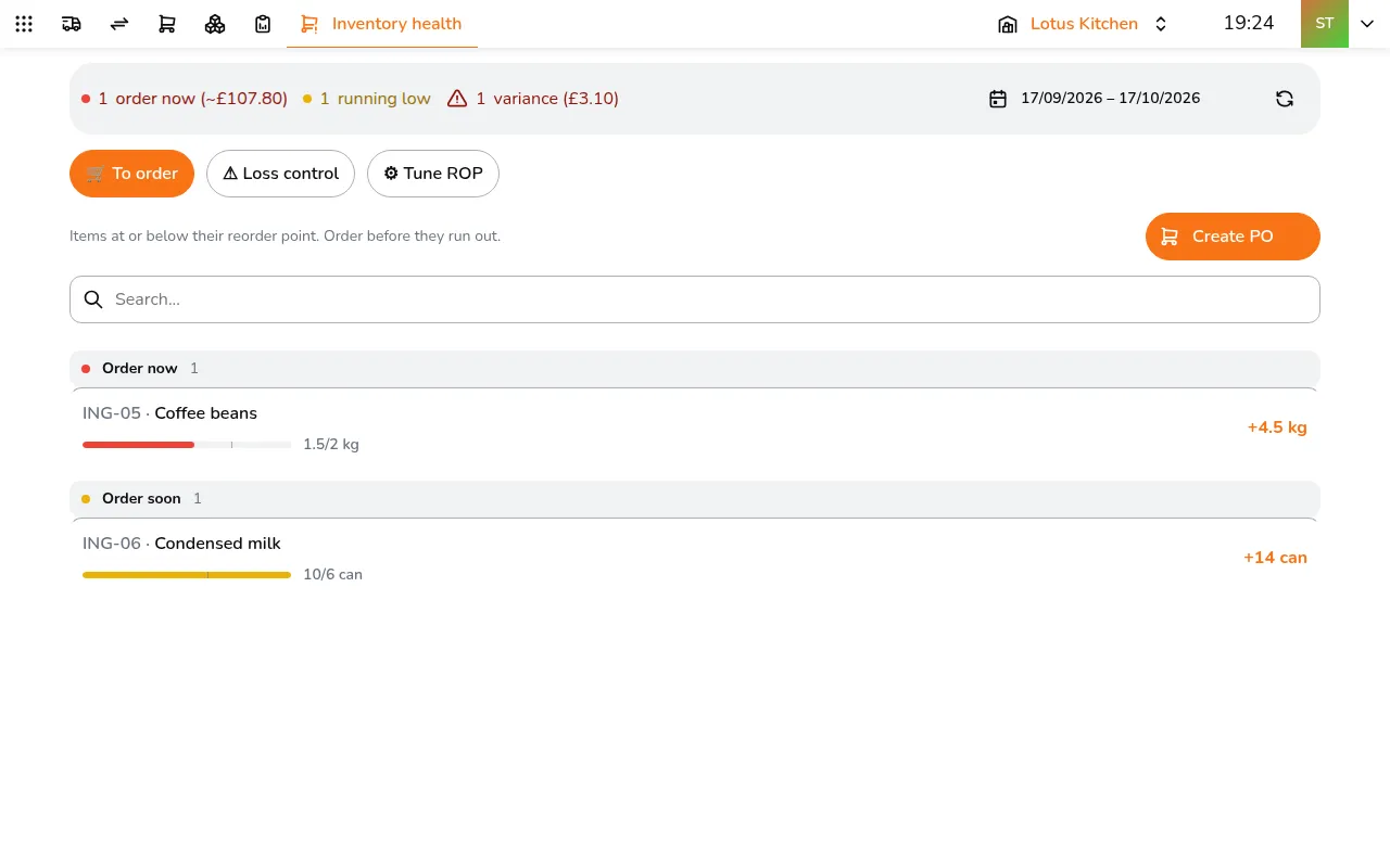 In Inventory health, tap Create PO. Everything that needs ordering is split into one order per supplier, at each supplier's price