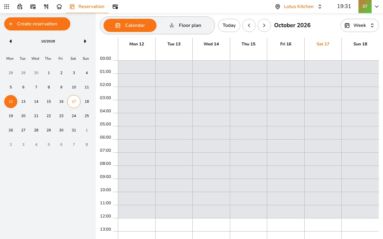 Click Create reservation in the sidebar (+ on a phone), or tap an empty time slot on the calendar