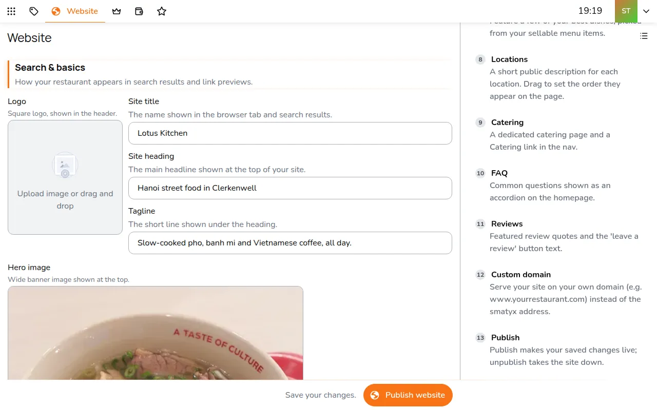 Open Custom domain and enter your address, such as www.yourrestaurant.com