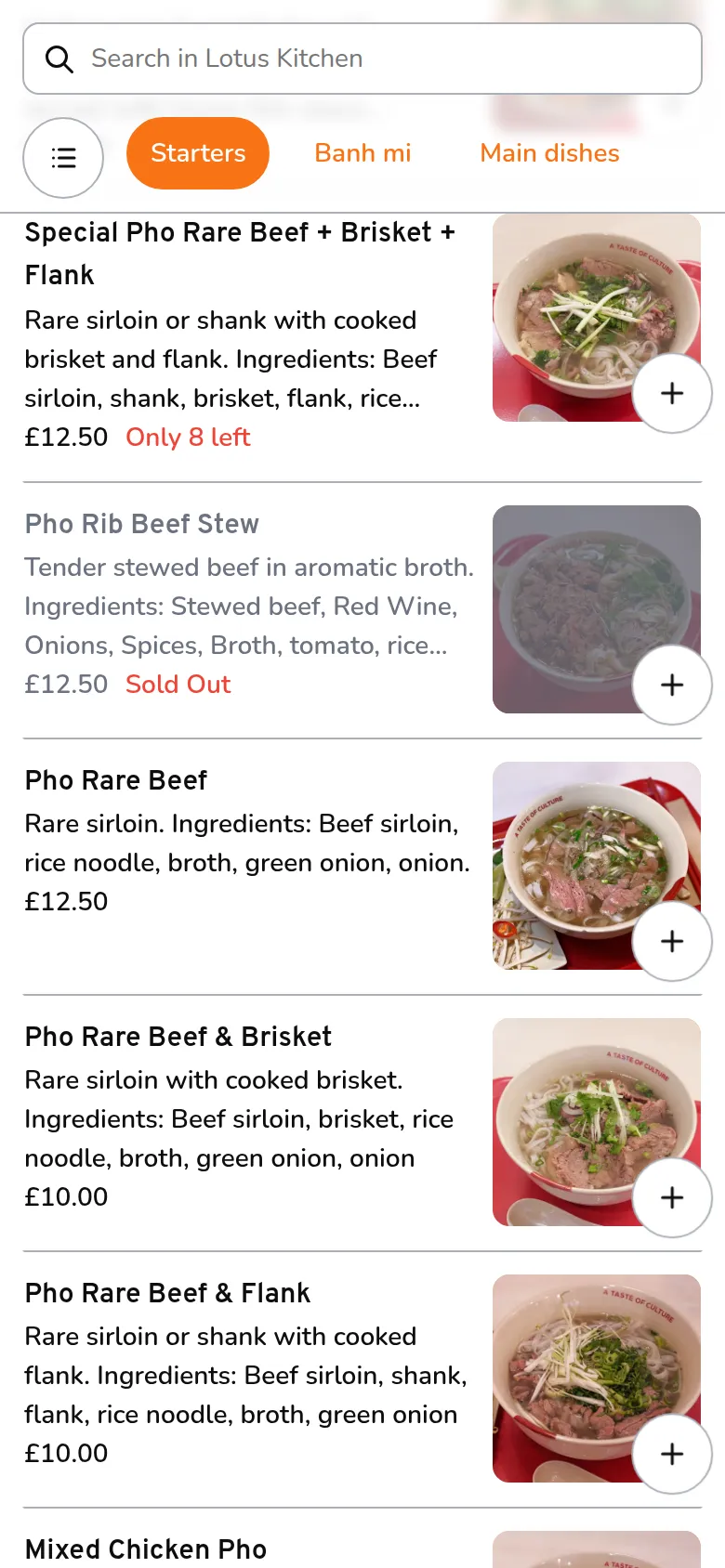 The guest taps a dish, then Add to basket