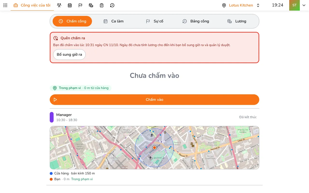 Mở Công việc của tôi. Thẻ đỏ Quên chấm ra cho biết ngày nào