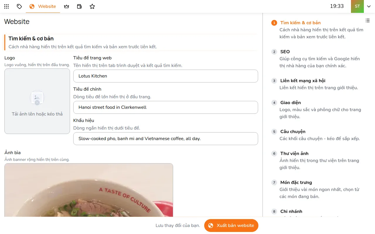Tìm kiếm & cơ bản: logo, tiêu đề trang web và tiêu đề chính, khẩu hiệu, ảnh bìa và phần giới thiệu