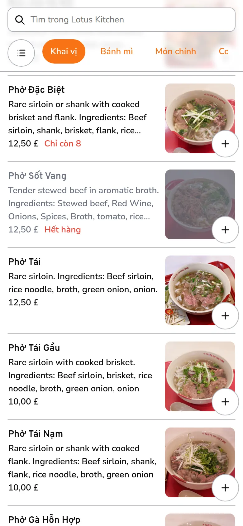 Khách bấm vào món, rồi Thêm vào giỏ
