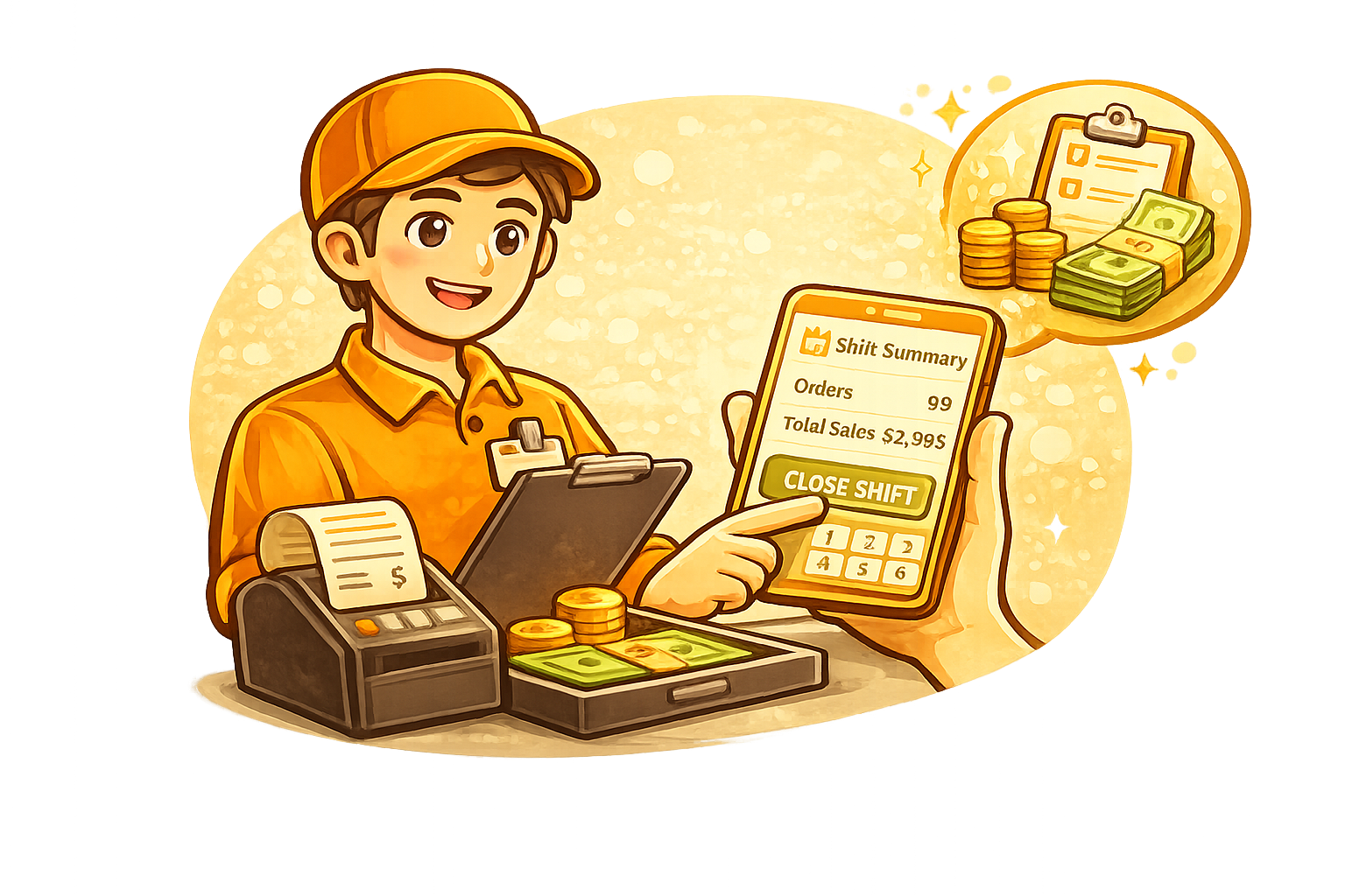 End the shift with a complete overview of sales, payments, cash movement, and staff activity